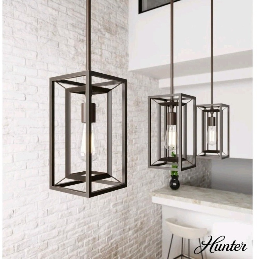 Hunter Industrial Pendant Light Fixture, Open Cage Design, Onyx Bengal Finish